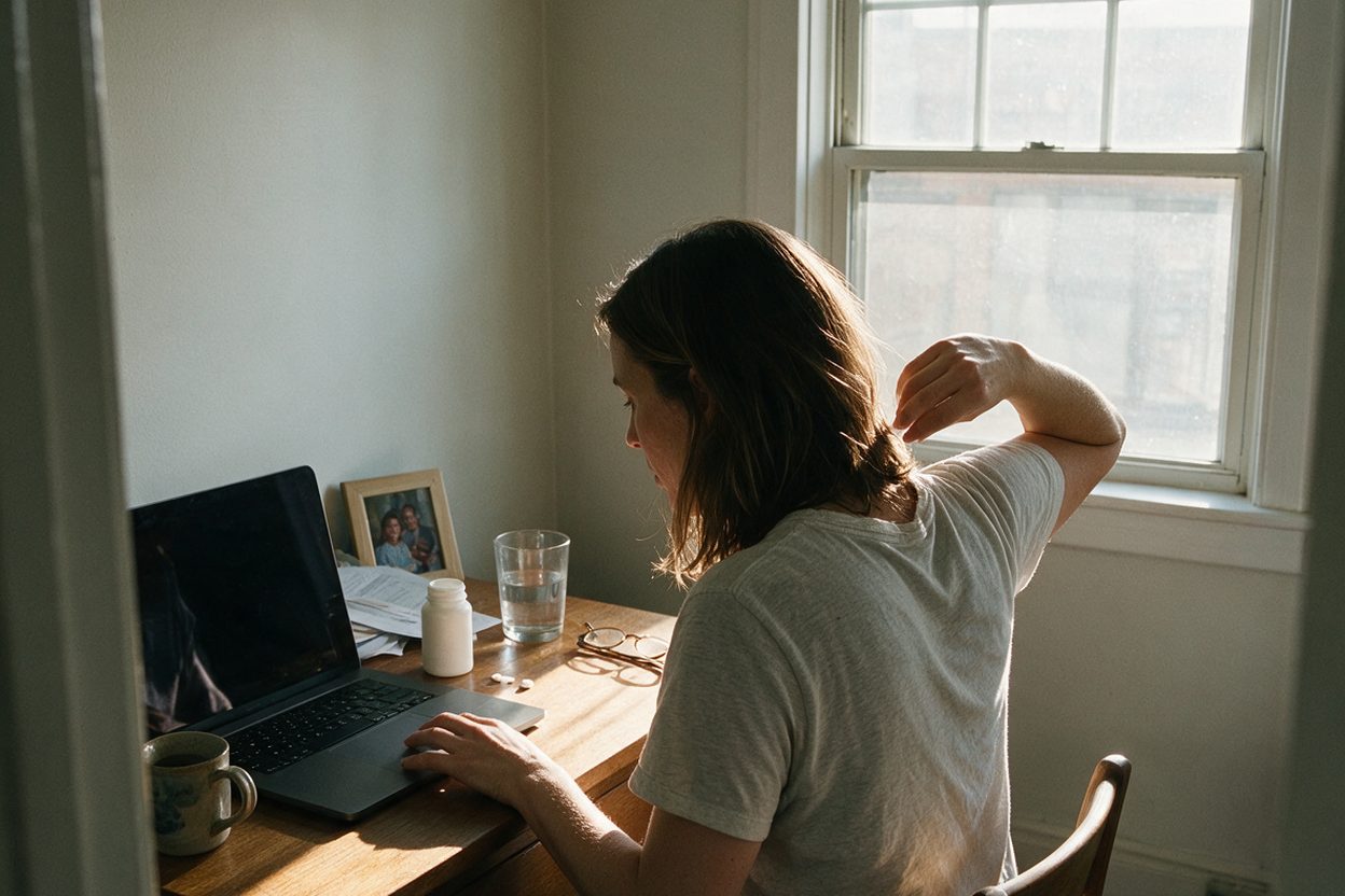 Three in the afternoon at her desk. One hand still on the laptop, the other reaching back over her shoulder. An unlabelled bottle and a glass of water on the wood beside her reading glasses.