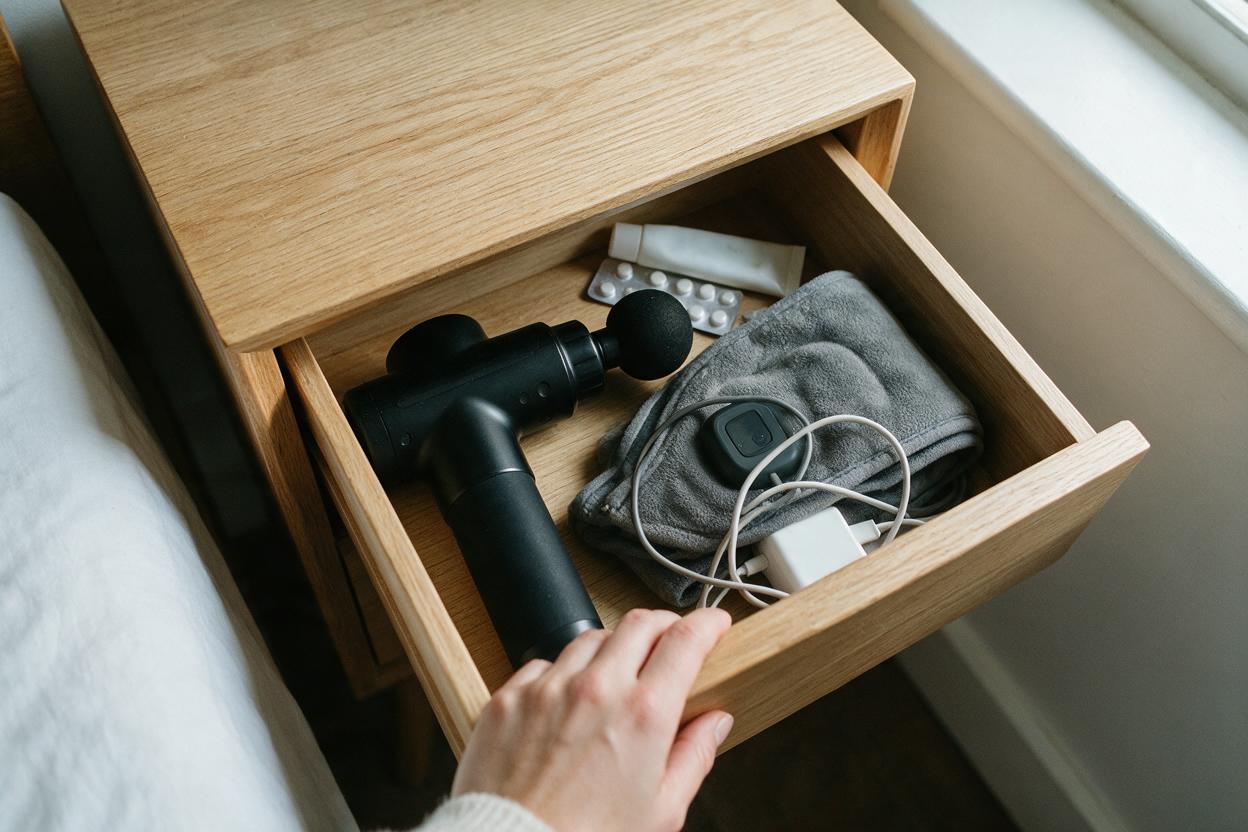 Her hand holding open the top drawer of a pale oak bedside table: a massage gun with a foam attachment fitted, a heat pad folded in a grey fleece cover with its controller and cord on top, a tube of gel and a blister pack of tablets in the back corner.