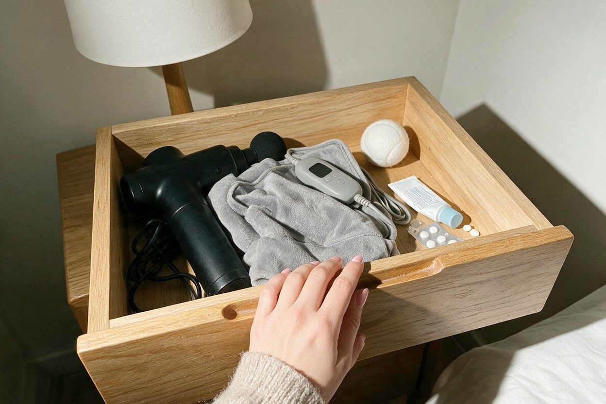 Her hand holding open the top drawer of a bedside table: a massage gun with its cable coiled, a heat pad folded badly with its controller on top, a tennis ball in the corner, a tube of gel and a blister pack of tablets.