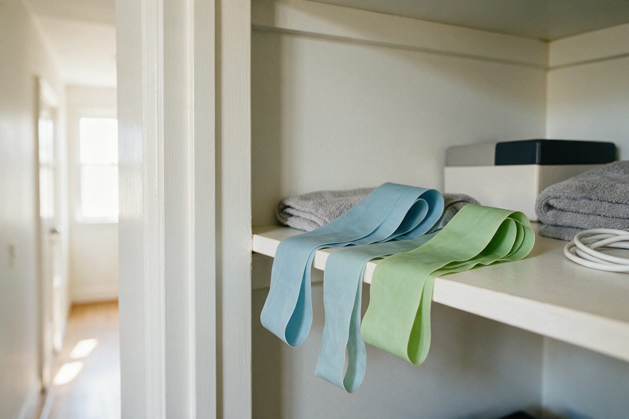 Two flat therapy bands folded on a linen cupboard shelf beside a towel.