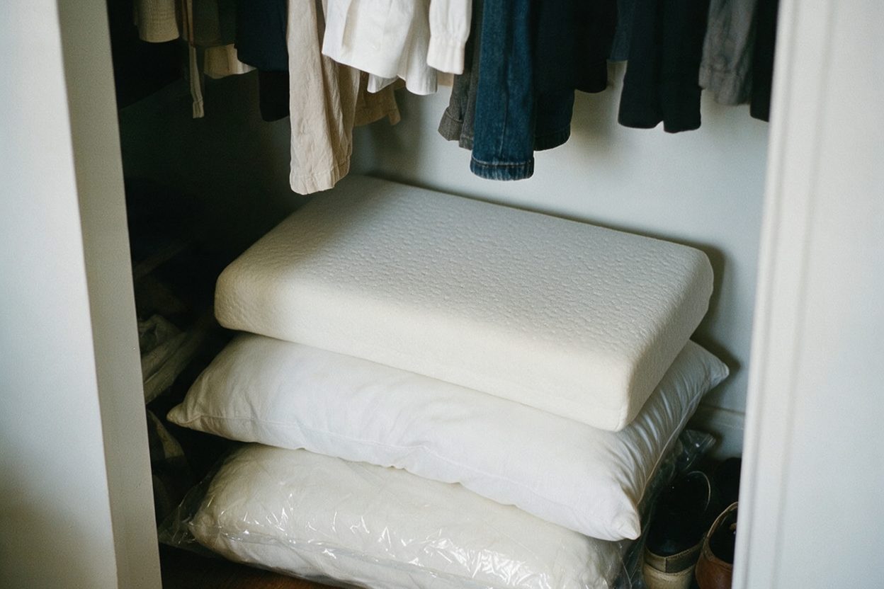 Three ordinary pillows stacked on a closet floor, the bottom one still in its packaging.