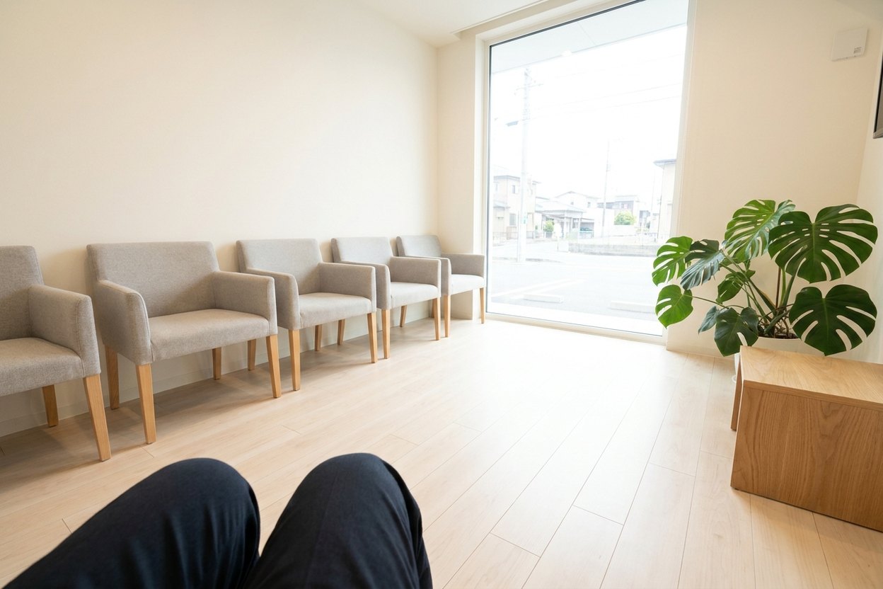 A clean waiting room seen from a seat, a row of empty chairs along the wall, her own knees at the bottom of the frame.
