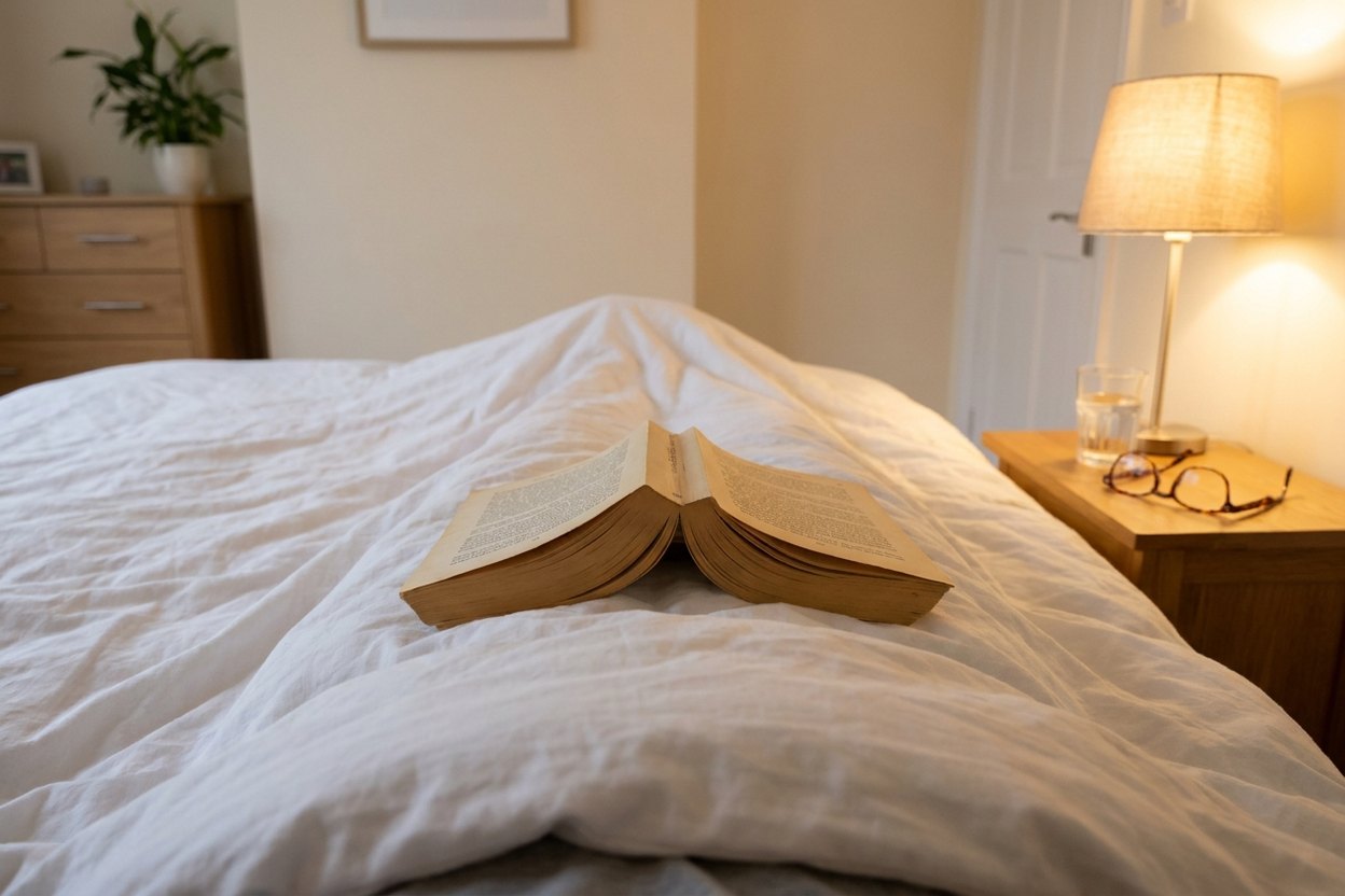 A bedside lamp lit in the evening, an open paperback lying face down on the duvet, a glass of water and reading glasses on the table.