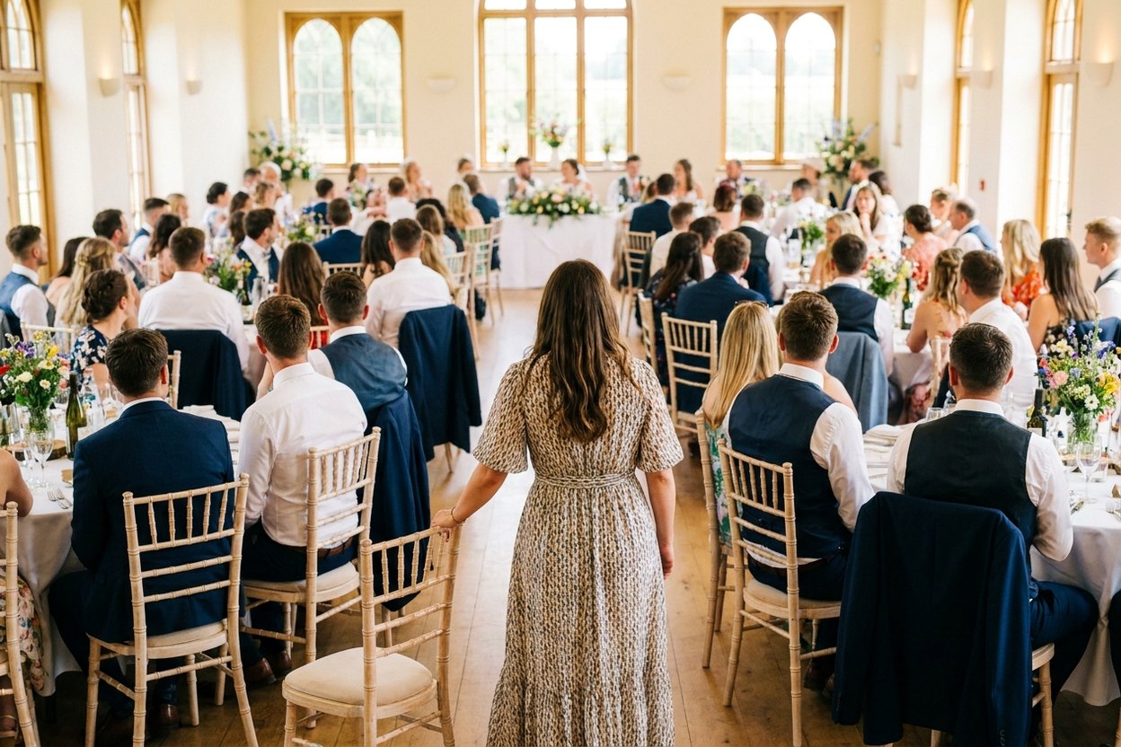 A wedding reception seen from the back of the room, every guest seated, one woman standing at the back with her hand on a chair.