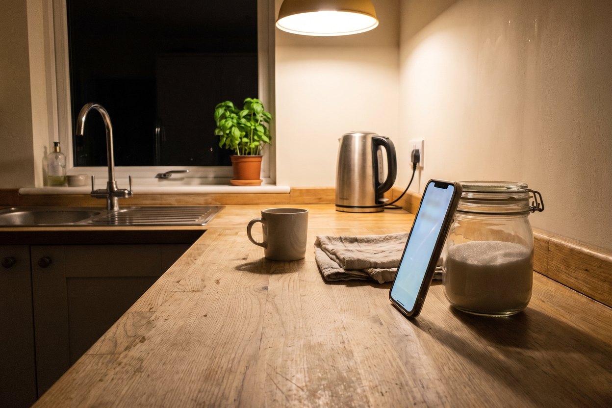 A kitchen worktop in the evening under one lit pendant. A phone stands propped against a glass jar of sugar, its screen lit. A mug and a folded tea towel sit beside it, a kettle further along, and the window over the sink is dark.