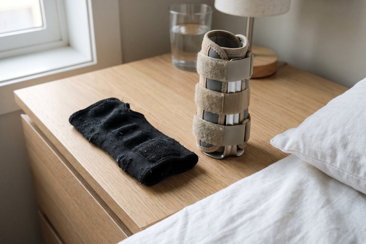 Two wrist braces on a bedside table in morning light. A thin black fabric support, worn and bobbled, lies flat. Beside it a beige splint with metal stays and three velcro straps stands still fastened, holding the shape of the wrist that was in it.