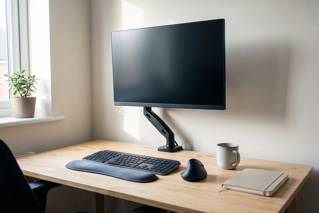 A small home desk by a window in daylight, seen from where someone sitting at it would be. A dark monitor raised on a black articulated arm clamped to the desk, an ergonomic keyboard in front of it with a grey gel wrist rest, an upright vertical mouse to the right, a mug and a closed notebook.