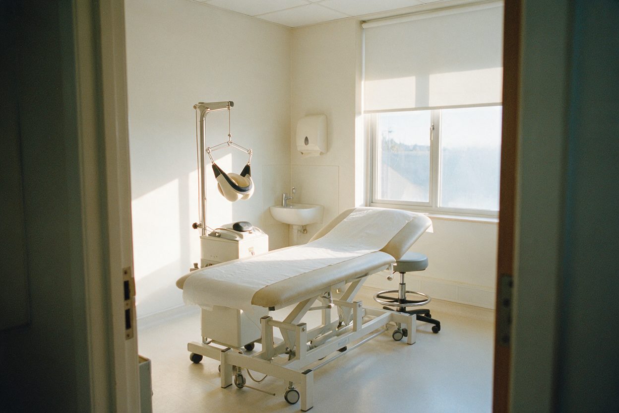 An empty physiotherapy treatment room with a cervical traction unit at the head of the table.