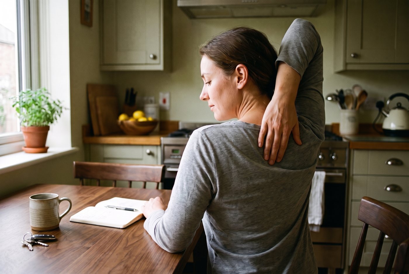 A woman at her kitchen table, one arm reaching up and over her shoulder, her hand resting on the muscle at the top of her back.