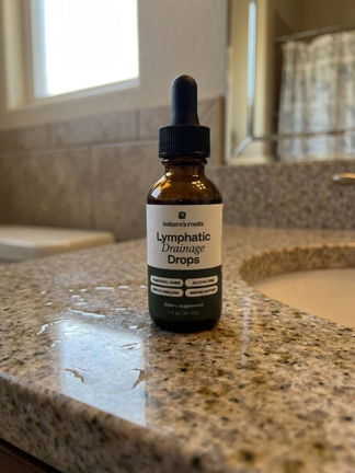 The bottle on a bathroom counter