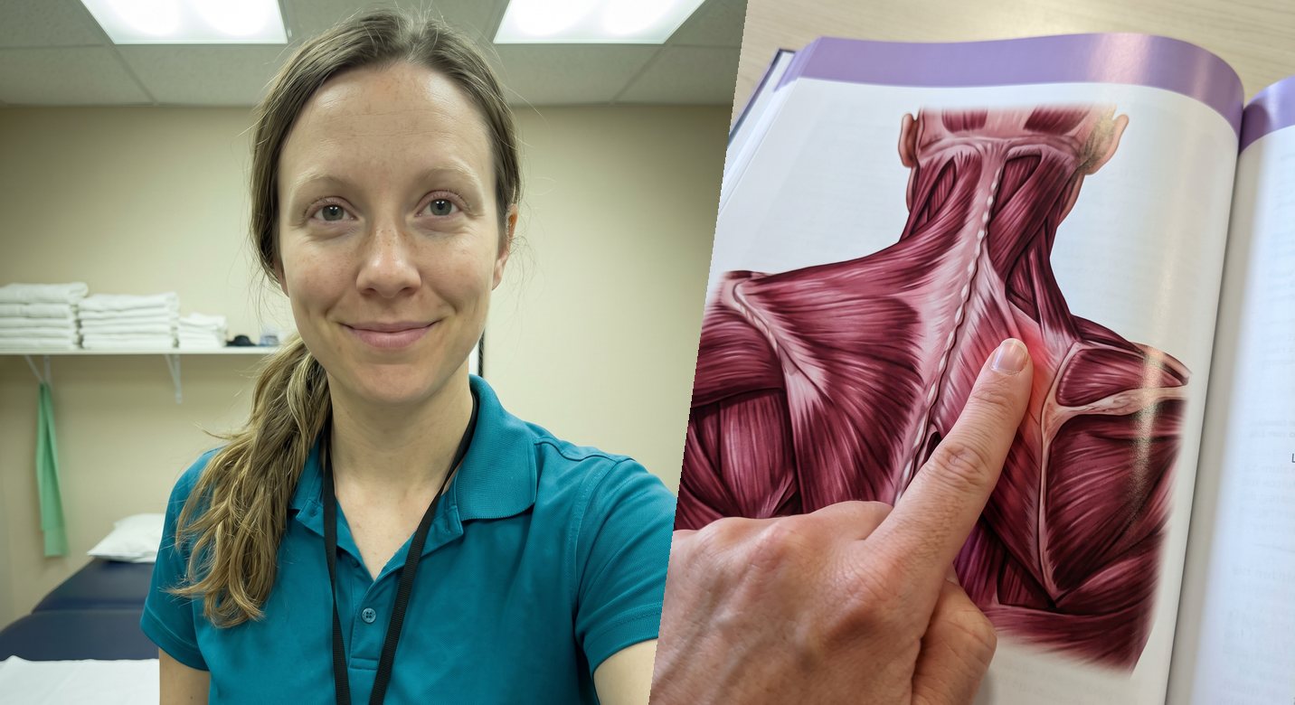 Left, a physiotherapist in a treatment room, photographed on her own phone. Right, an anatomy textbook open at the muscles of the upper back, with her fingertip pressed on the inner edge of the right shoulder blade and a red flush under it.