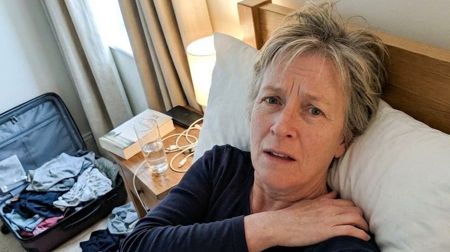 A phone selfie the next morning in the guest room bed, her left hand reached across and over her right shoulder to the spot, still checking it.