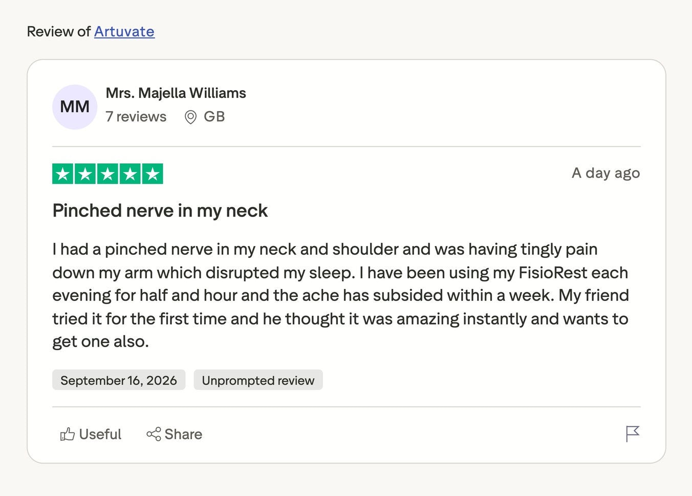 Mrs. Majella Williams, five stars: a pinched nerve in her neck and shoulder with tingling down the arm, eased within a week of using FisioRest each evening.