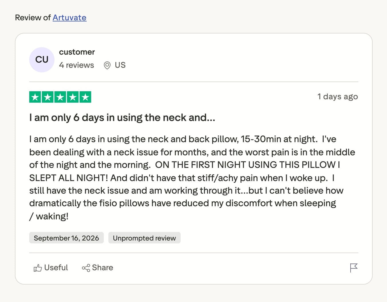 A five star review, six days in: the worst pain was the middle of the night, and the first night using it she slept all night.