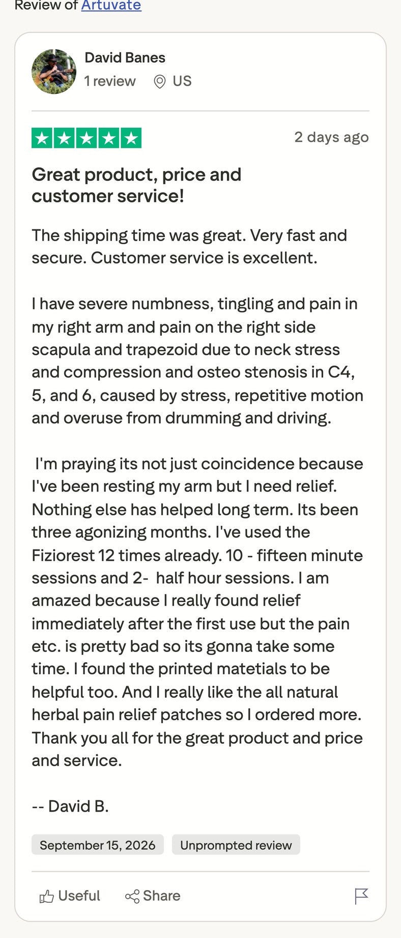 David Banes, five stars: numbness, tingling and pain in the right arm and the right scapula, with stenosis at C4, C5 and C6.