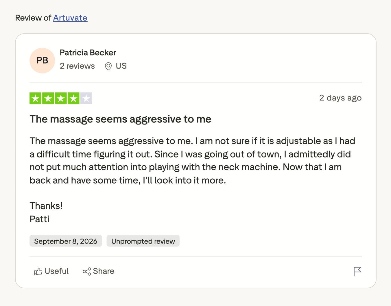 Patricia Becker, four stars: the massage seems aggressive to her and she had trouble working out whether it adjusts.