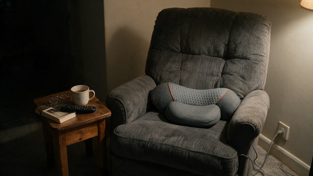 The FisioRest on the seat of a well used recliner, plugged into the wall, beside a side table with a mug, reading glasses and a remote.