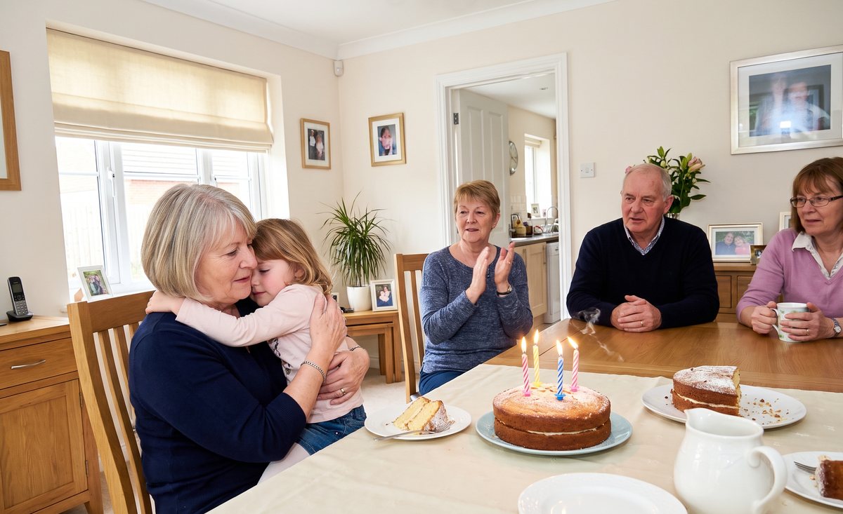 A family snapshot at the birthday table, the narrator holding her granddaughter on her lap with both arms round her, four candles lit on the cake.
