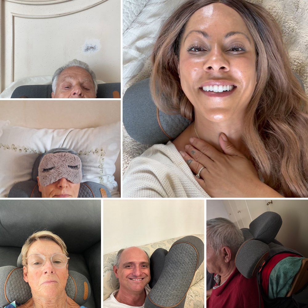 Six photographs FisioRest customers sent in with their reviews, all of them using the device at home.
