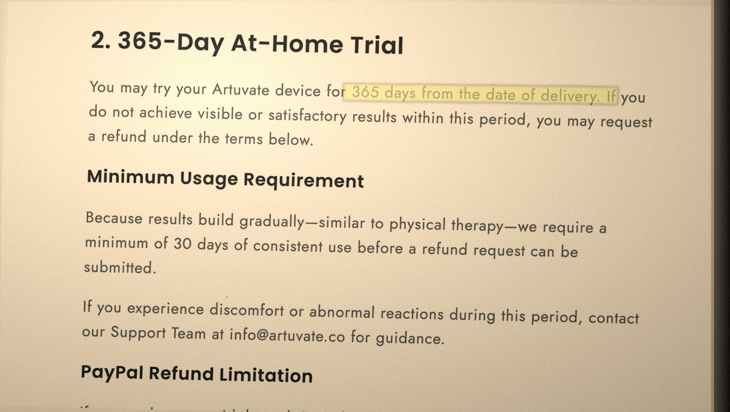 Artuvate's refund policy on screen, section 2, the 365 day at home trial, with the trial length marked in highlighter.